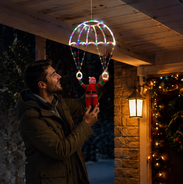 Christmas Lights Santa Parachute Window Hanging with Lantern String