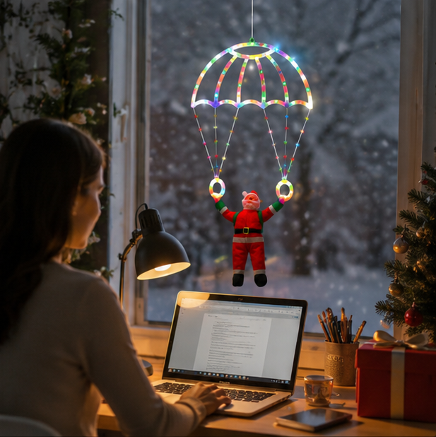 Christmas Lights Santa Parachute Window Hanging with Lantern String