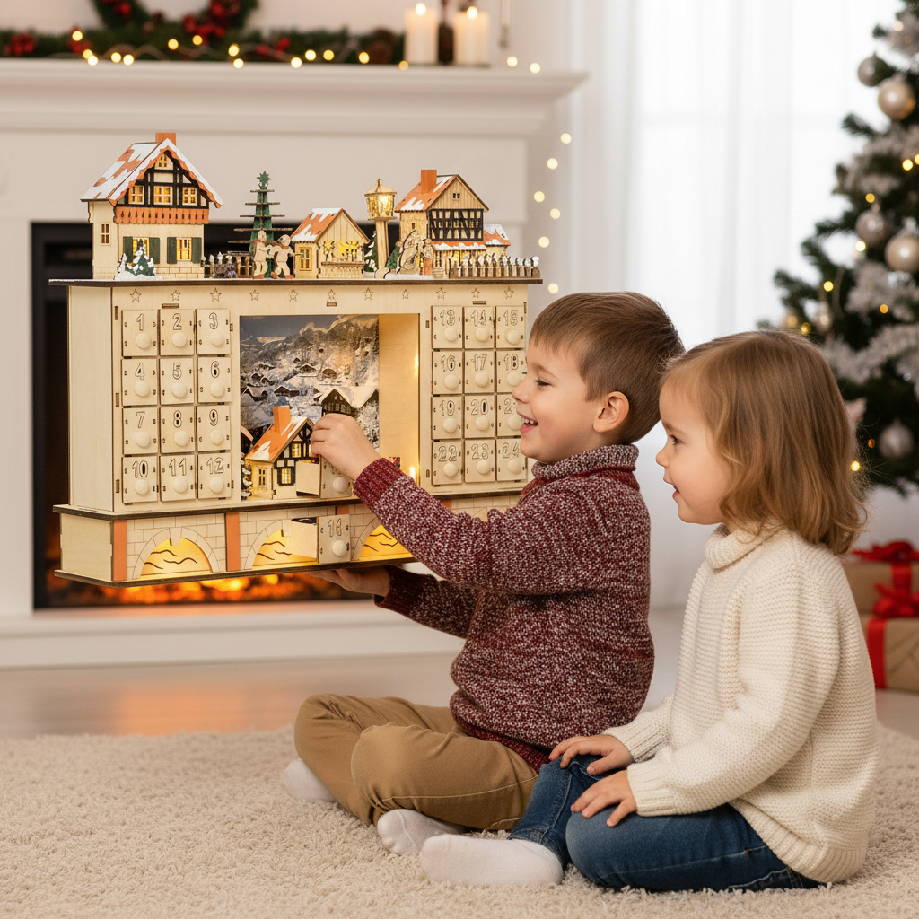 Advent Calendar Wooden with 24 Drawers in a Village Scene