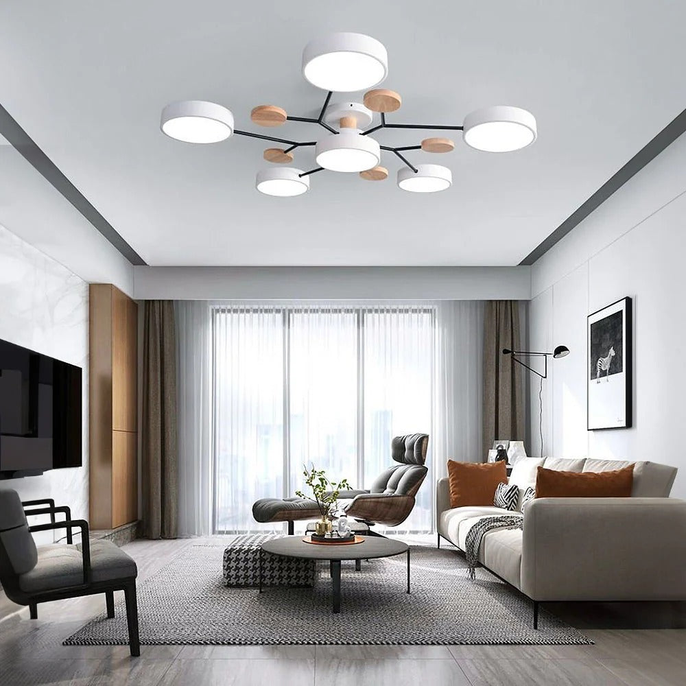 Modern LED Semi Flush Mount Ceiling Light with Halo Ring Design in Iron and Acrylic