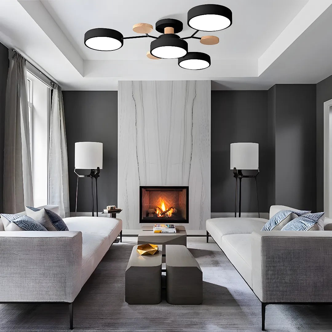 Modern LED Semi Flush Mount Ceiling Light with Halo Ring Design in Iron and Acrylic