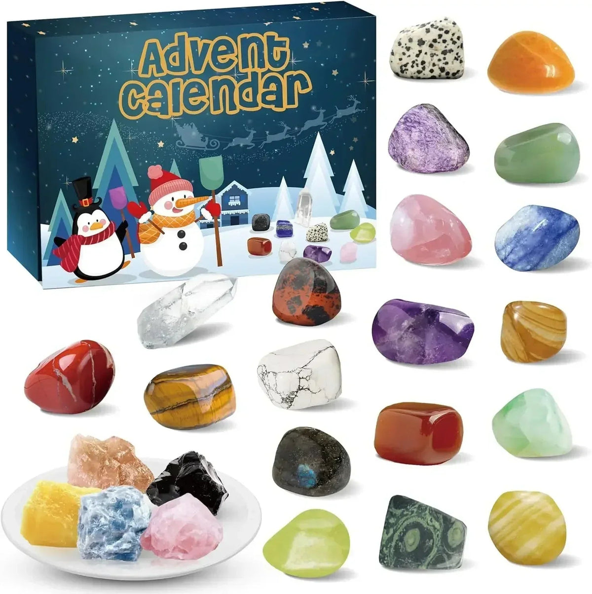 Advent Calendar with 24 Natural Crystals and Gemstones in a Gift Box