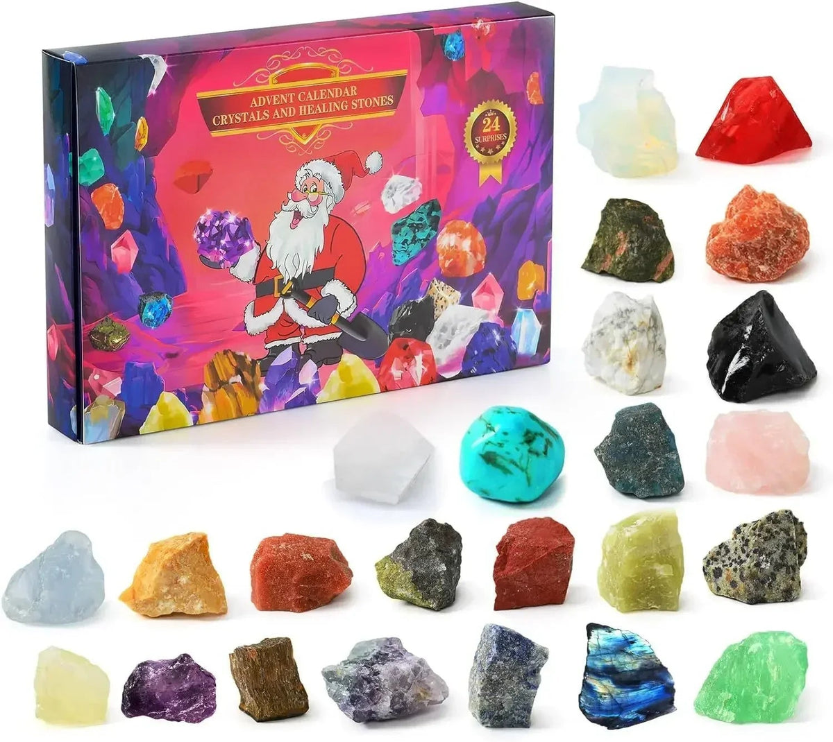 Advent Calendar with 24 Natural Crystals and Gemstones in a Gift Box