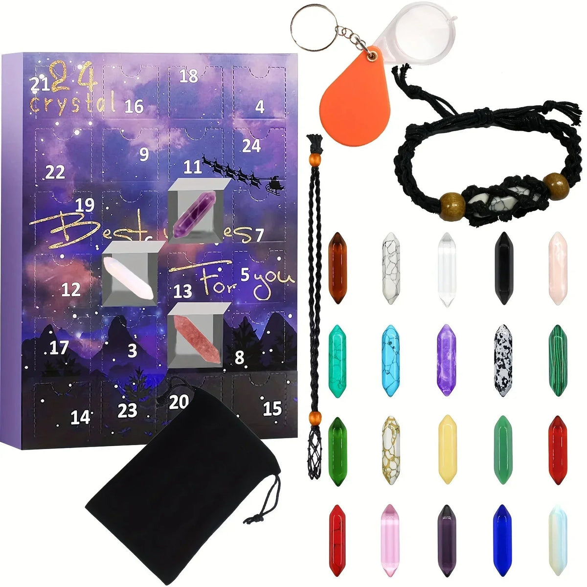 Advent Calendar with 24 Natural Crystals and Gemstones in a Gift Box