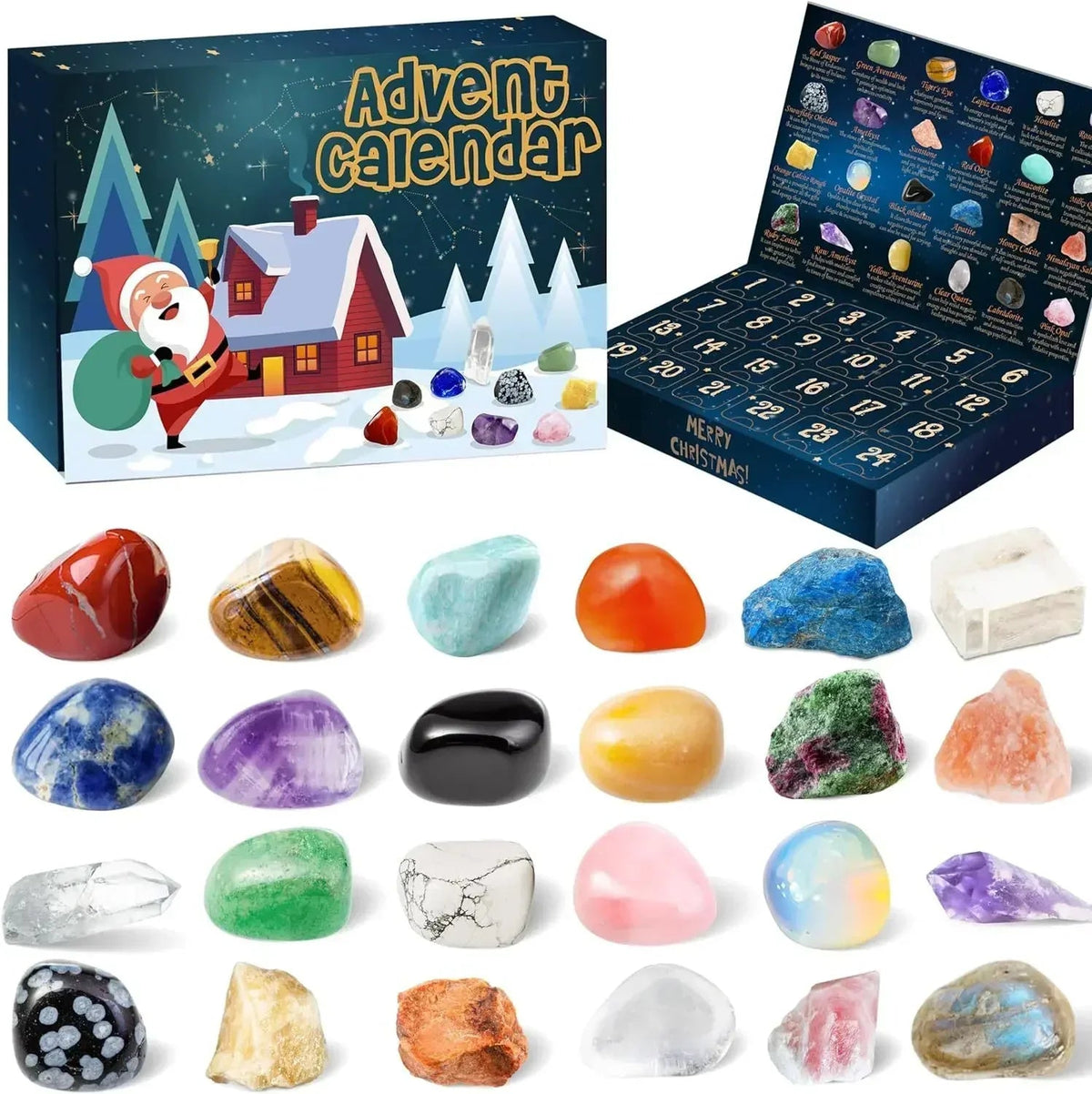 Advent Calendar with 24 Natural Crystals and Gemstones in a Gift Box