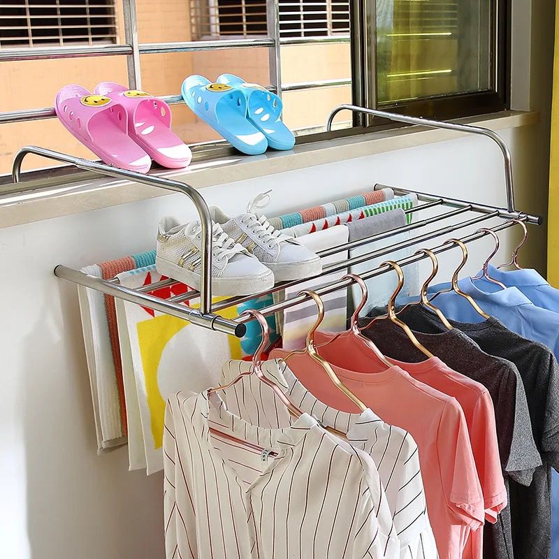 Folding Laundry Clothes Airer Stainless Steel Balcony Airer Extends 68 to 120cm
