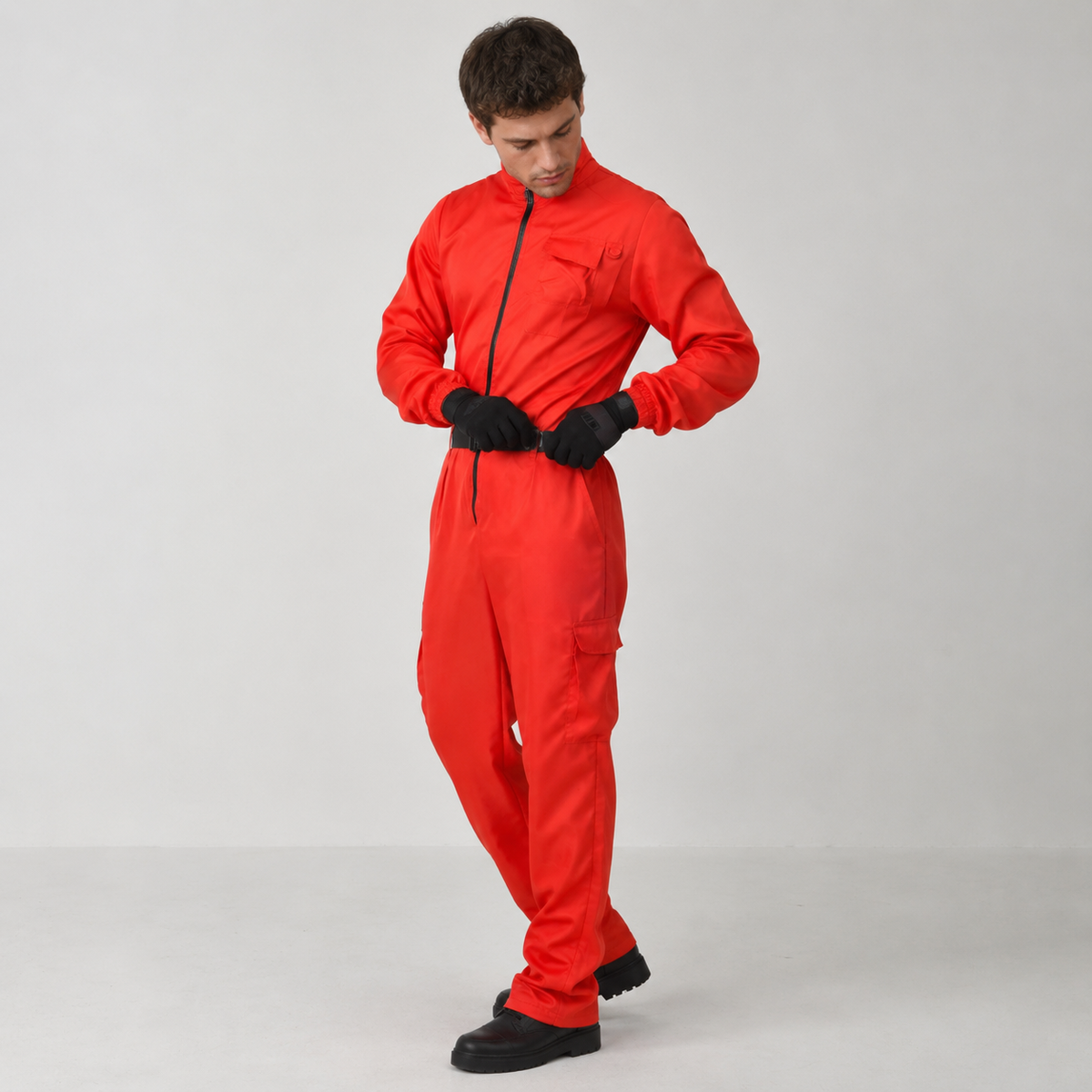 Halloween Costume and Mask Red Hooded Jumpsuit Guard Outfit with Belt and Gloves