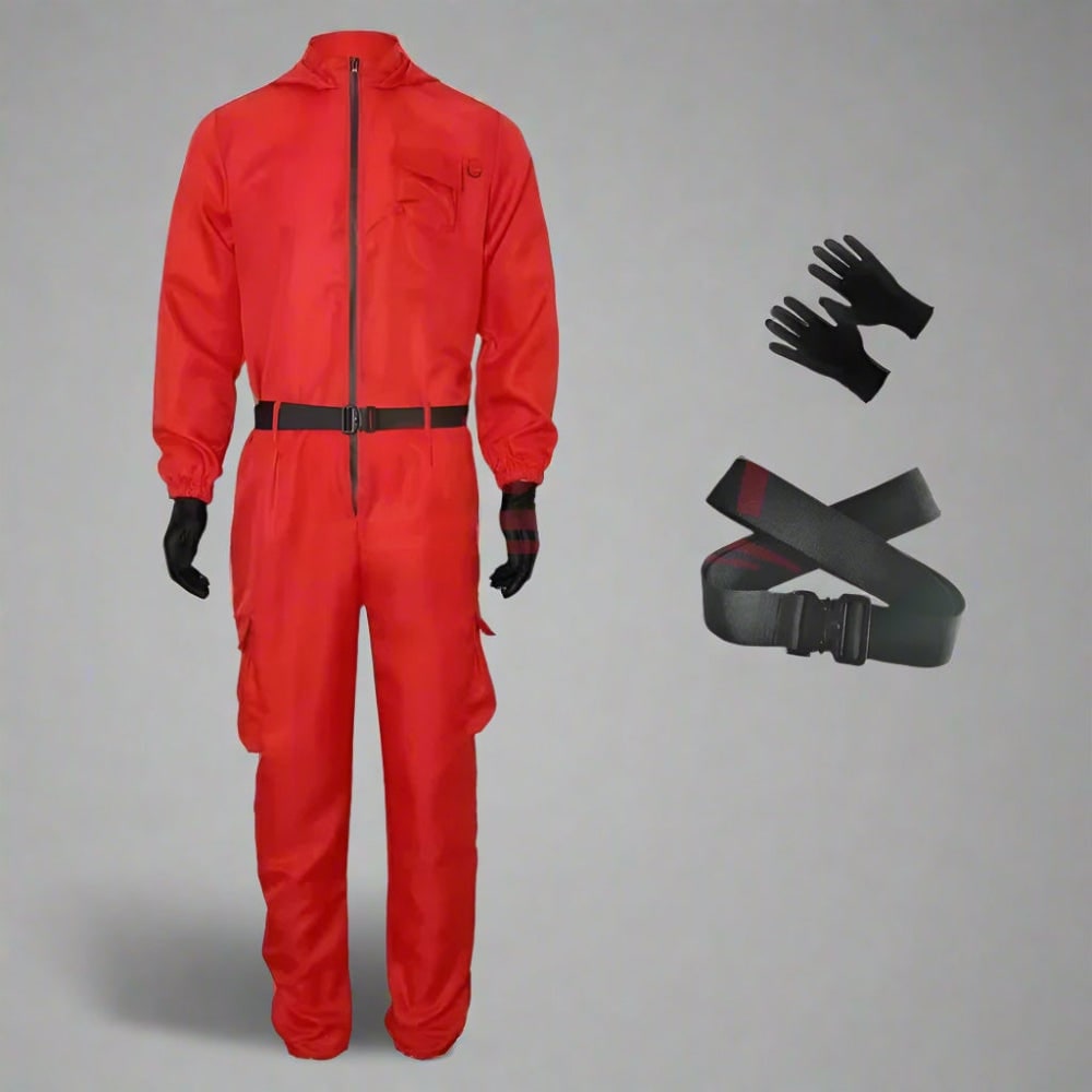 Halloween Costume and Mask Red Hooded Jumpsuit Guard Outfit with Belt and Gloves