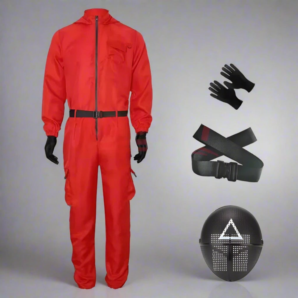 Halloween Costume and Mask Red Hooded Jumpsuit Guard Outfit with Belt and Gloves