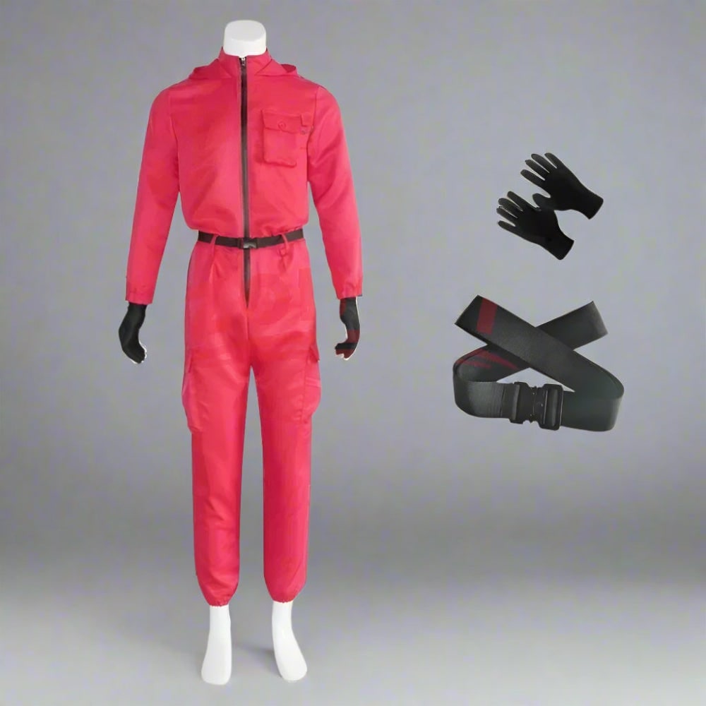 Halloween Costume and Mask Red Hooded Jumpsuit Guard Outfit with Belt and Gloves