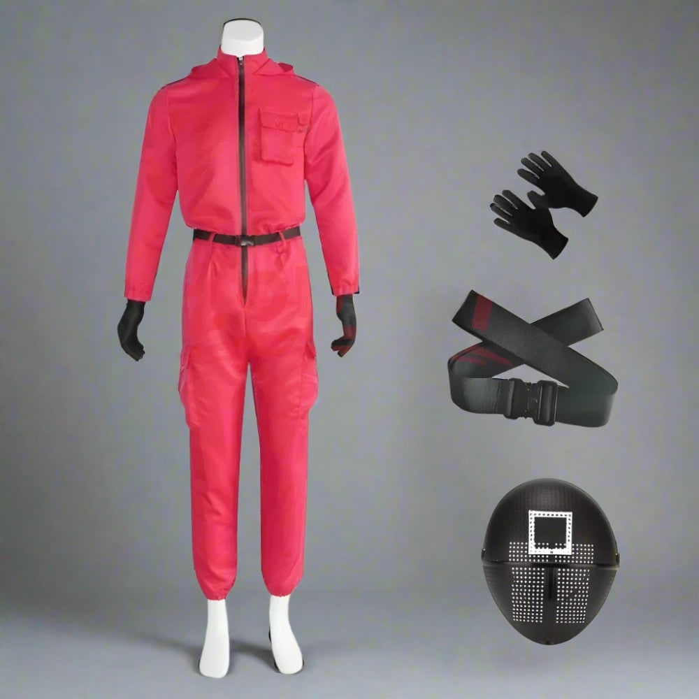 Halloween Costume and Mask Red Hooded Jumpsuit Guard Outfit with Belt and Gloves