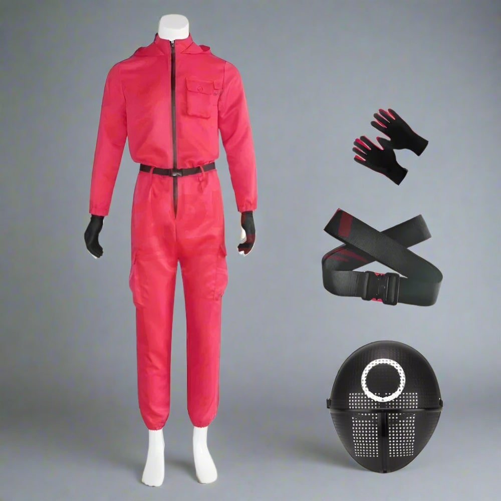 Halloween Costume and Mask Red Hooded Jumpsuit Guard Outfit with Belt and Gloves