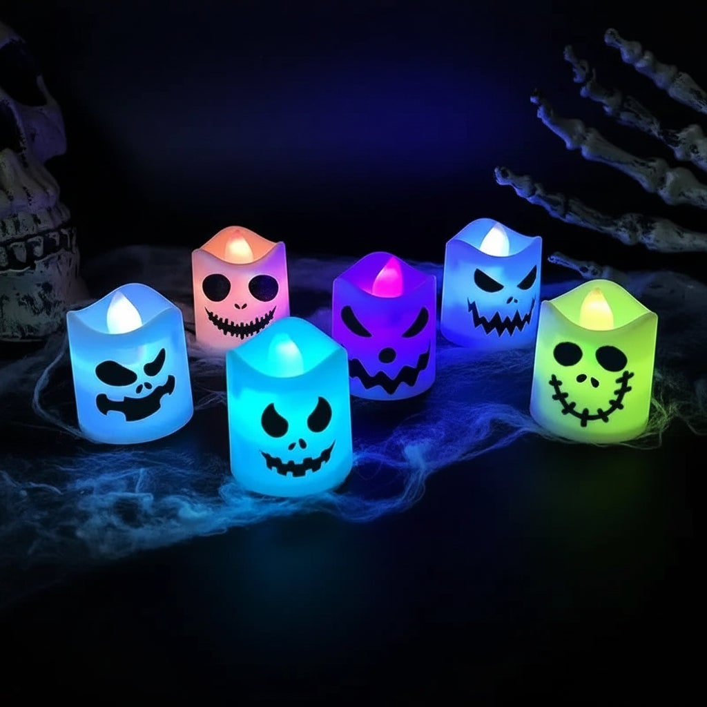 Halloween Decorations Color Changing LED Tea Lights with Spooky Printed Faces Set of Six