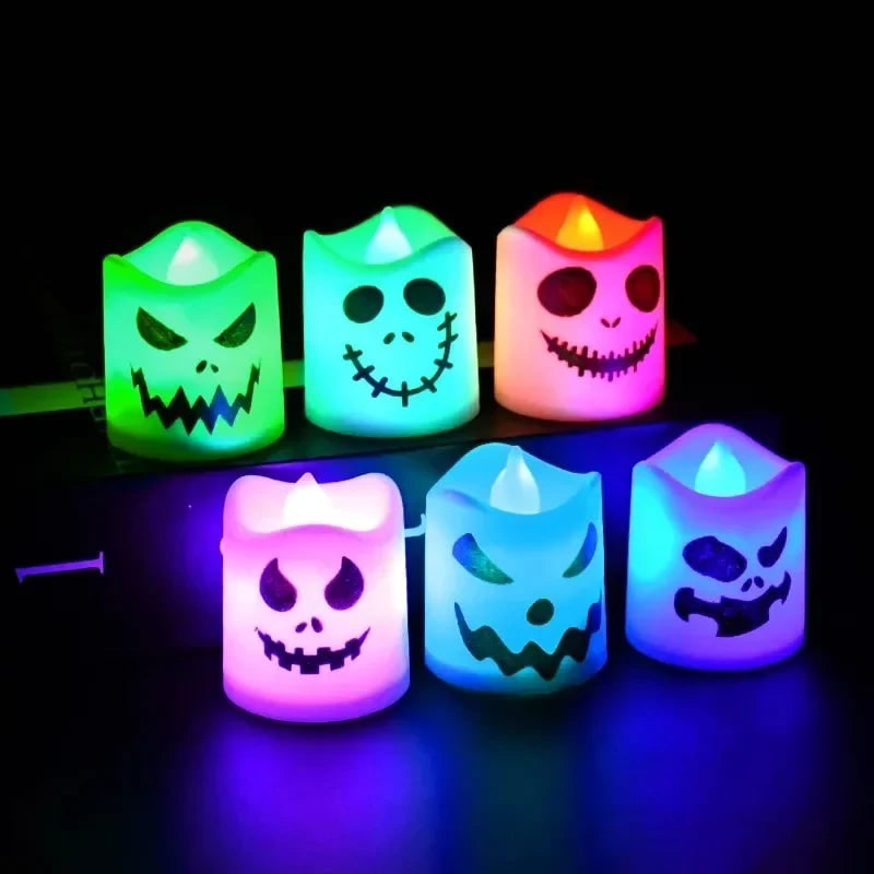 Halloween Decorations Color Changing LED Tea Lights with Spooky Printed Faces Set of Six