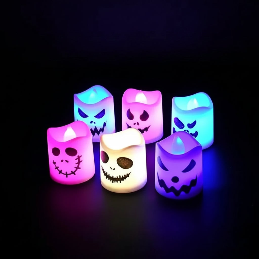 Halloween Decorations Color Changing LED Tea Lights with Spooky Printed Faces Set of Six