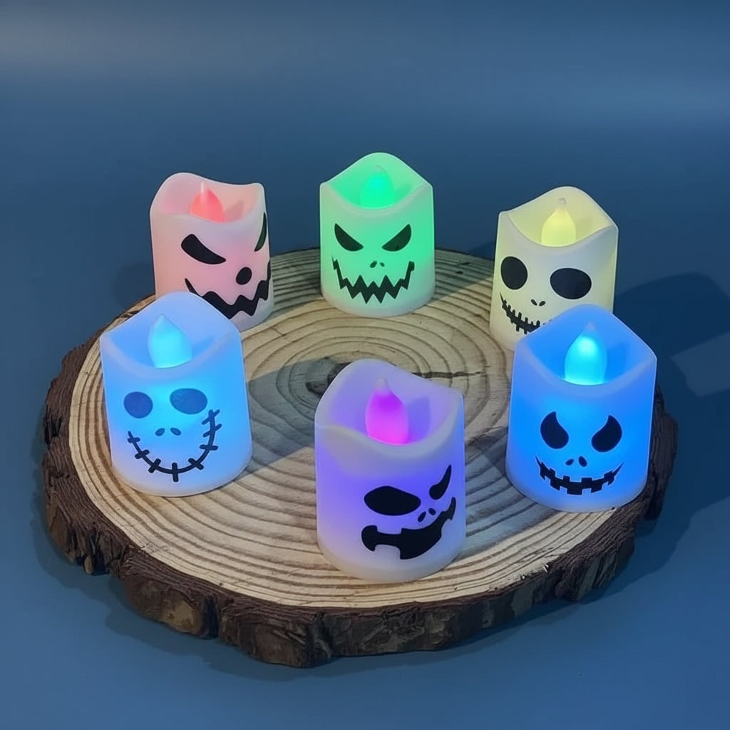 Halloween Decorations Color Changing LED Tea Lights with Spooky Printed Faces Set of Six