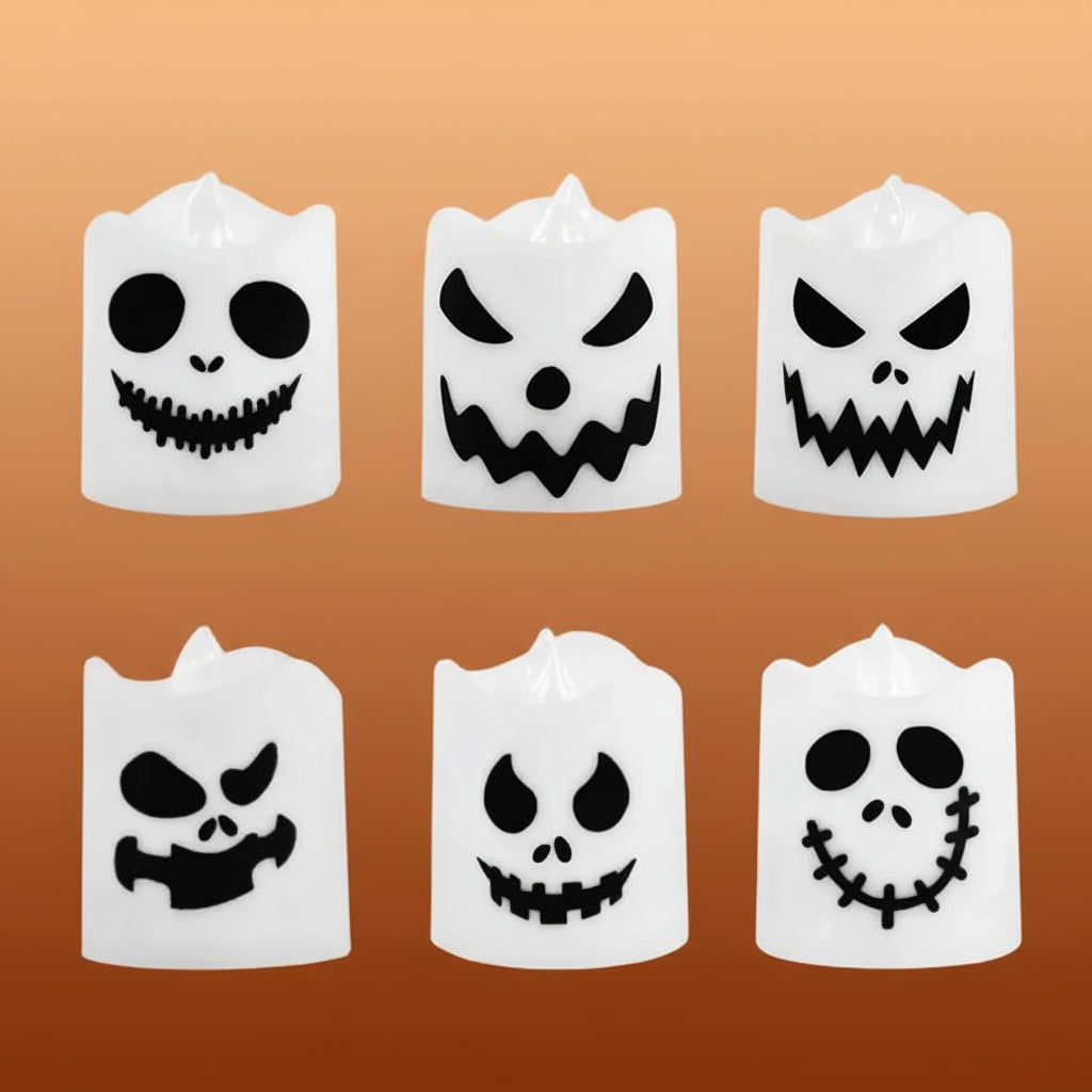 Halloween Decorations Color Changing LED Tea Lights with Spooky Printed Faces Set of Six
