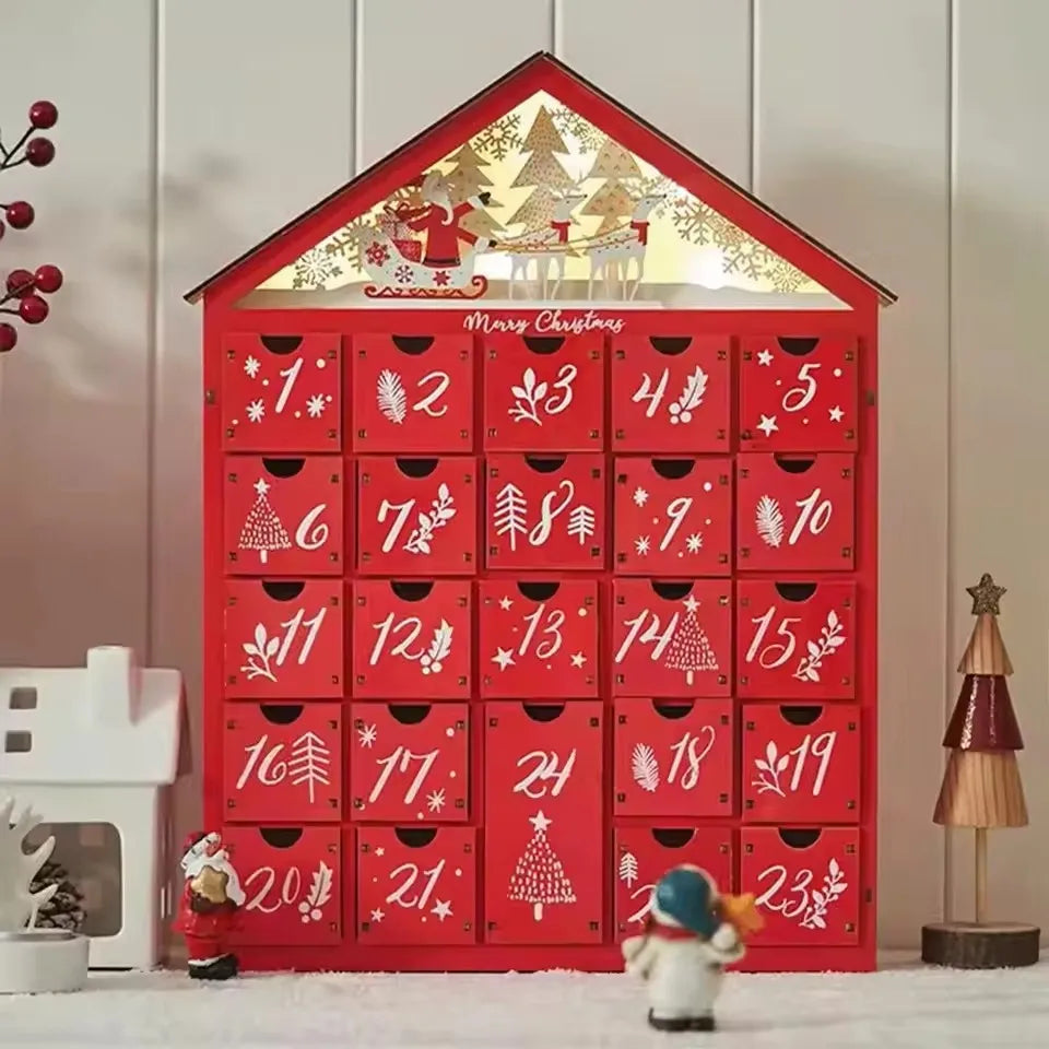 Advent Calendar Wooden House with 24 Drawers and LED Lights to Refill