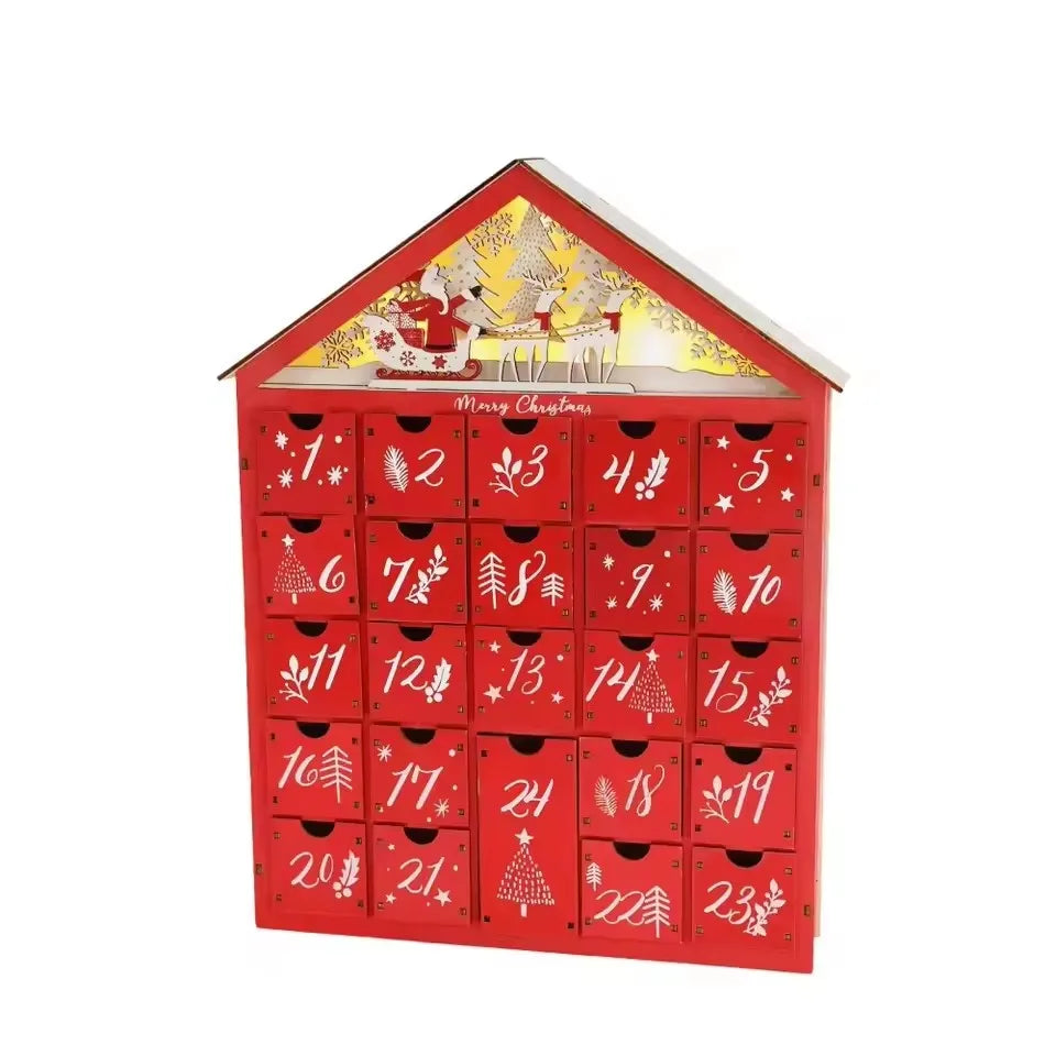 Advent Calendar Wooden House with 24 Drawers and LED Lights to Refill