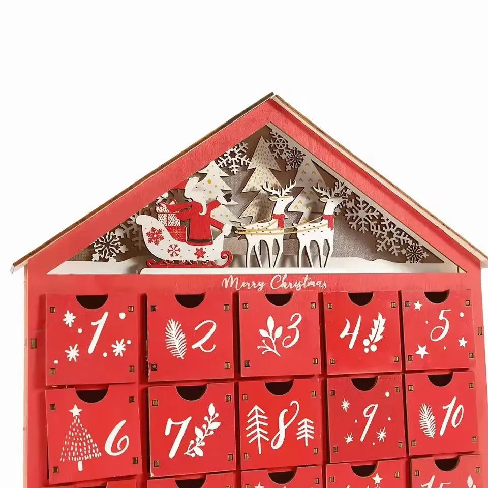 Advent Calendar Wooden Farmhouse at 39 cm Tall with Lit Drawers