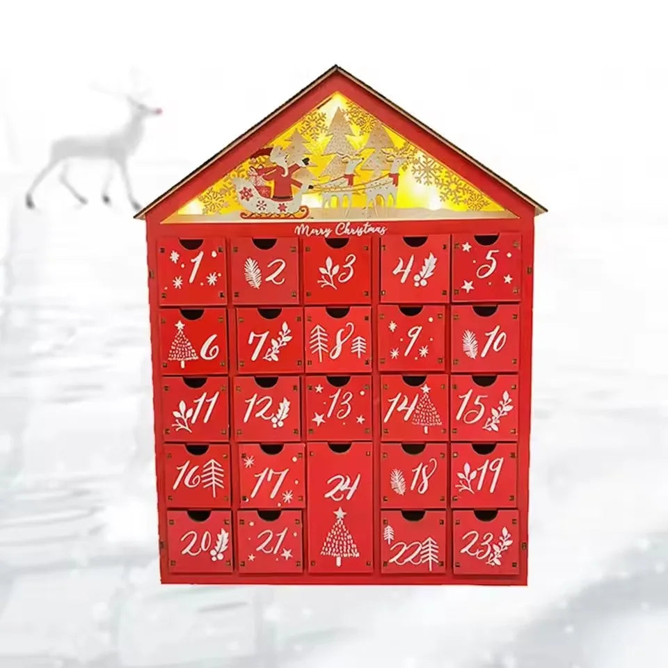 Advent Calendar Wooden Farmhouse at 39 cm Tall with Lit Drawers