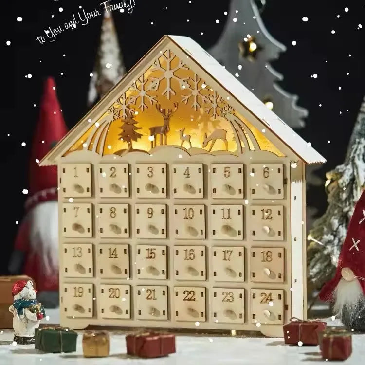 Advent Calendar Wooden Farmhouse at 39 cm Tall with Lit Drawers