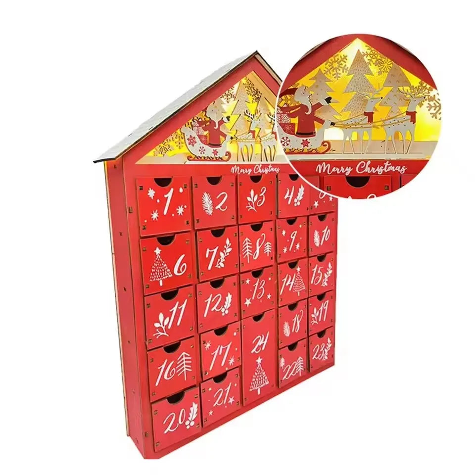 Advent Calendar Wooden Farmhouse at 39 cm Tall with Lit Drawers