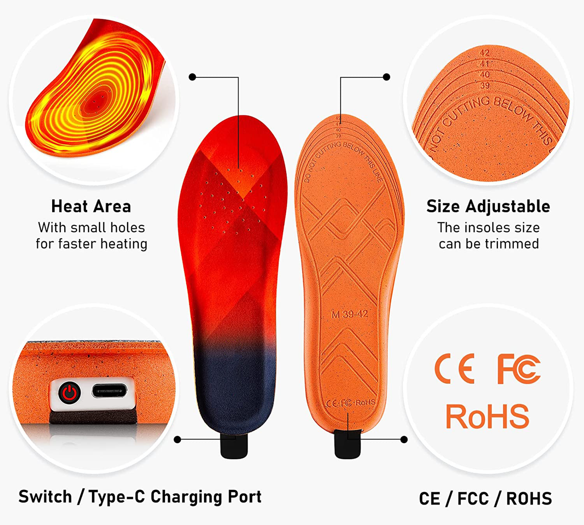 Rechargeable Heated Insoles Wireless Foot Warmers with Adjustable Warmth for Winter