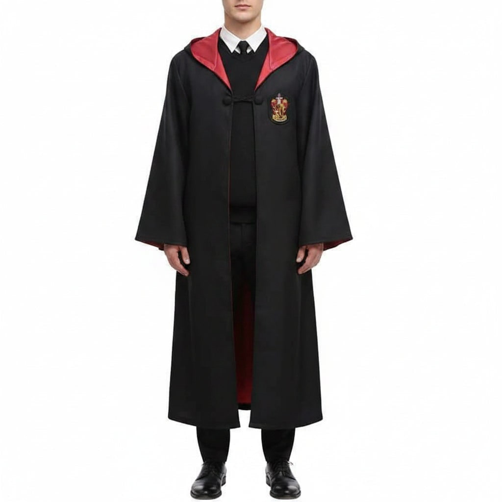 Halloween Costumes Hooded Wizard Robe with Embroidered Crest and Wide Flared Sleeves