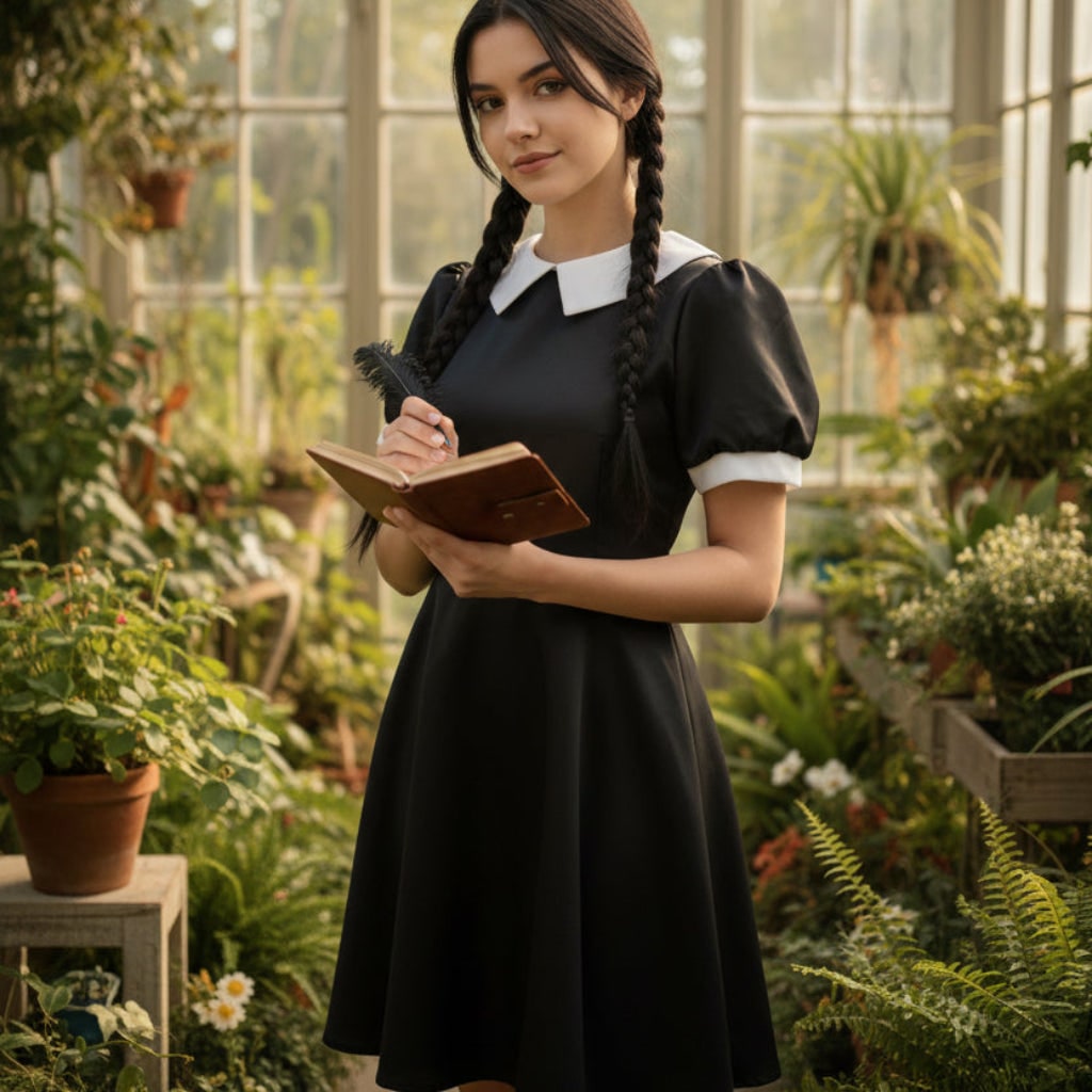 Womens Halloween Costumes Gothic Schoolgirl Party Outfit with White Collar and Long Sleeves