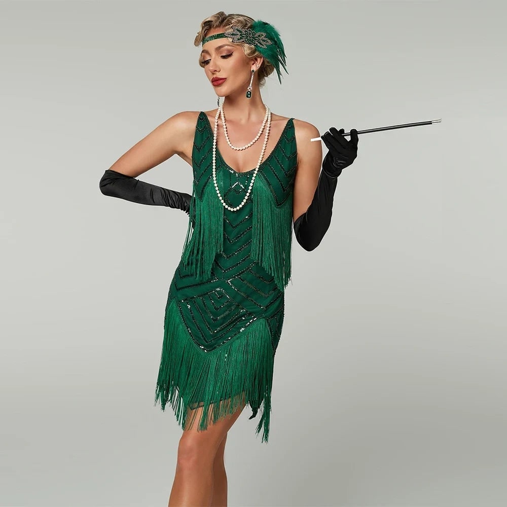 Womens 1920s Flapper Halloween Costume Dress with Sequin and Fringe Detail
