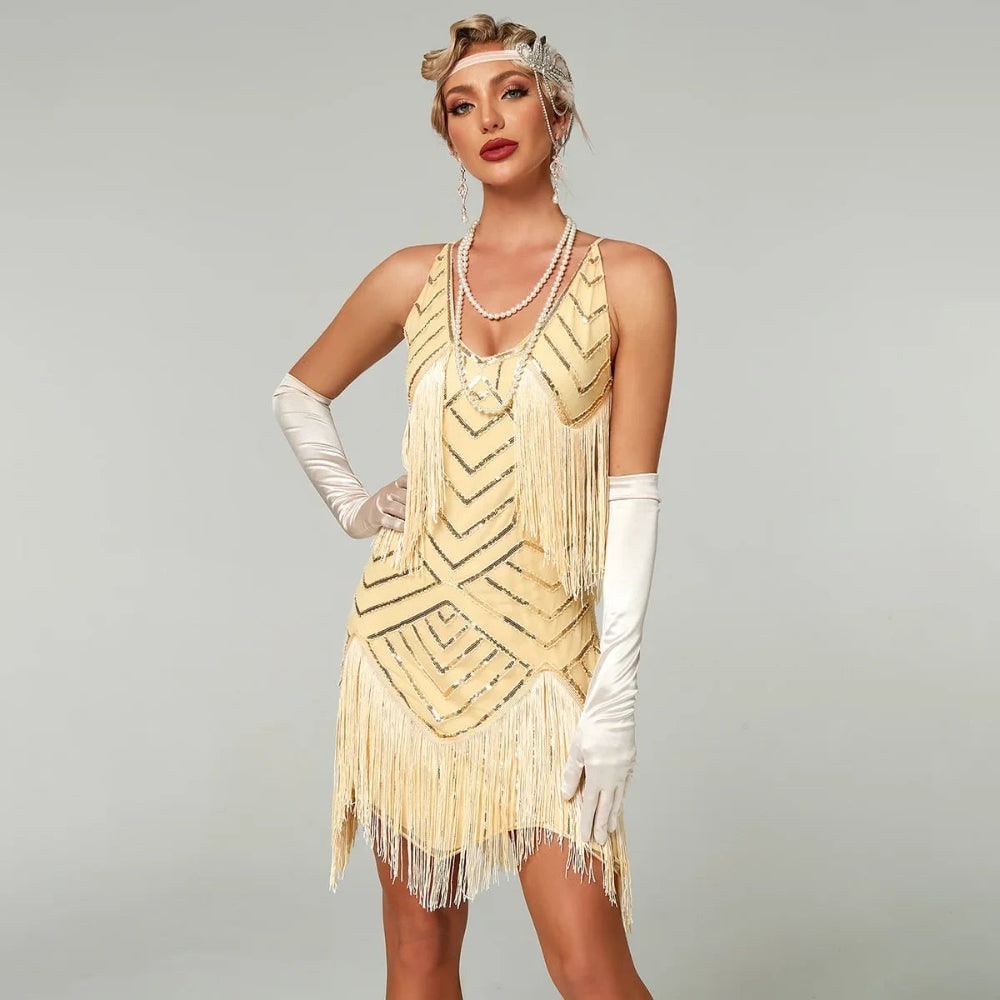 Womens 1920s Flapper Halloween Costume Dress with Sequin and Fringe Detail