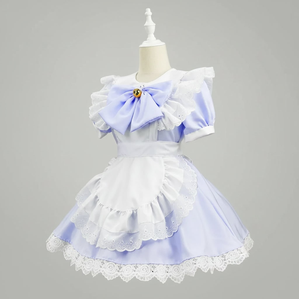 Womens Maid Costume Dress with Frilled Apron and Puff Sleeves in Six Colourways
