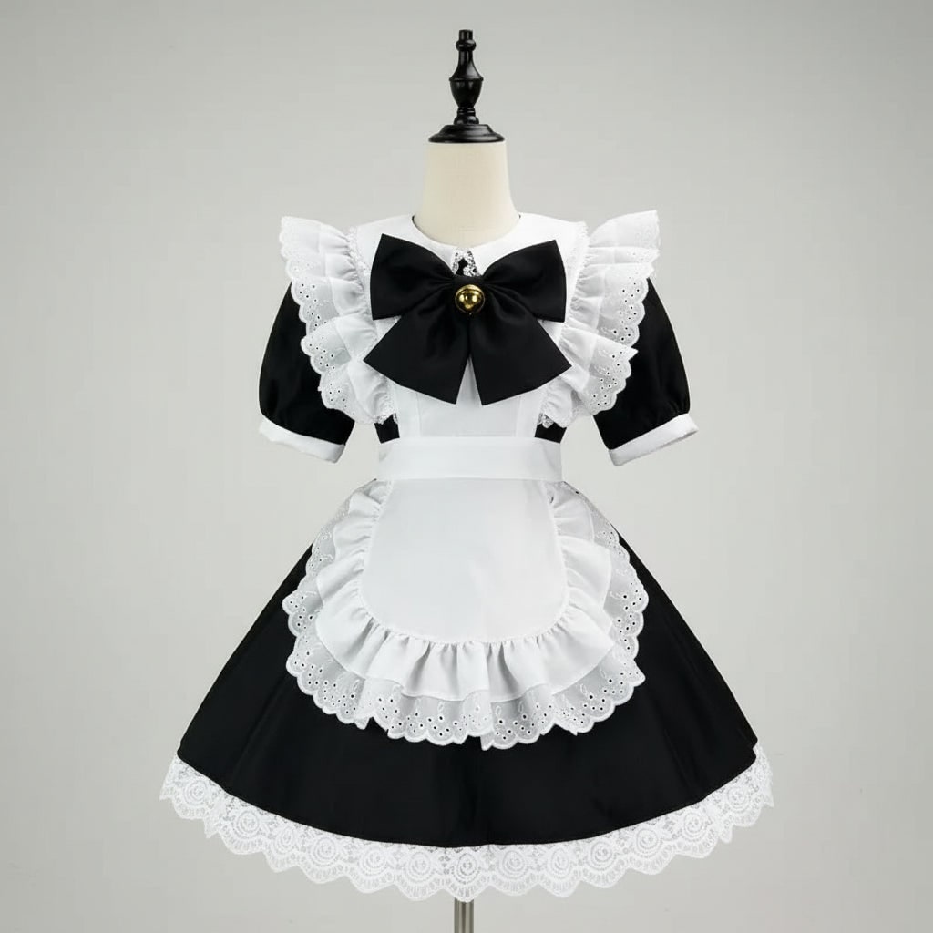 Womens Maid Costume Dress with Frilled Apron and Puff Sleeves in Six Colourways