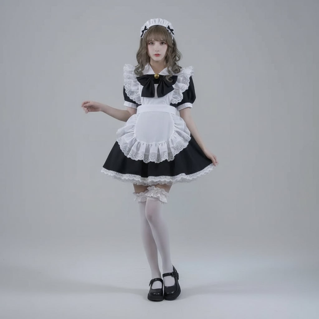 Womens Maid Costume Dress with Frilled Apron and Puff Sleeves in Six Colourways