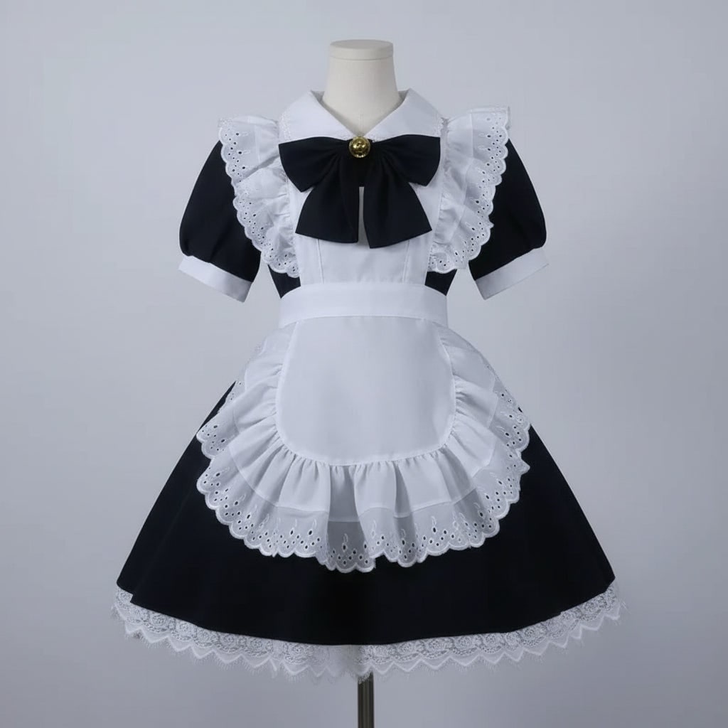 Womens Maid Costume Dress with Frilled Apron and Puff Sleeves in Six Colourways
