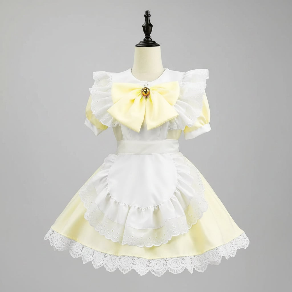 Womens Maid Costume Dress with Frilled Apron and Puff Sleeves in Six Colourways