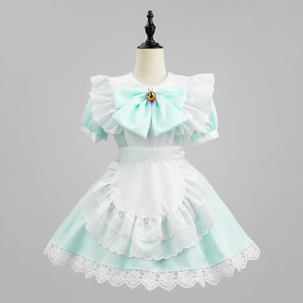 Womens Maid Costume Dress with Frilled Apron and Puff Sleeves in Six Colourways