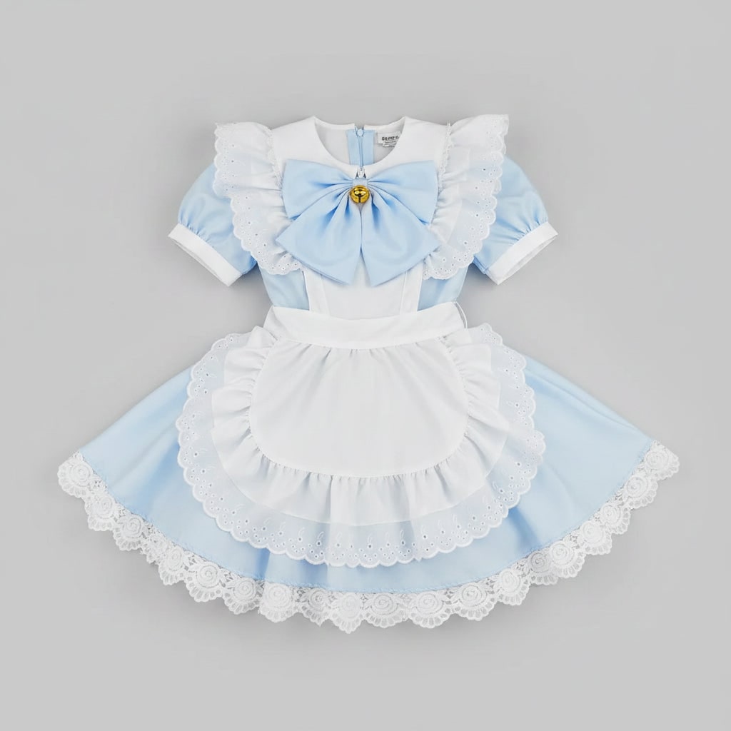 Womens Maid Costume Dress with Frilled Apron and Puff Sleeves in Six Colourways