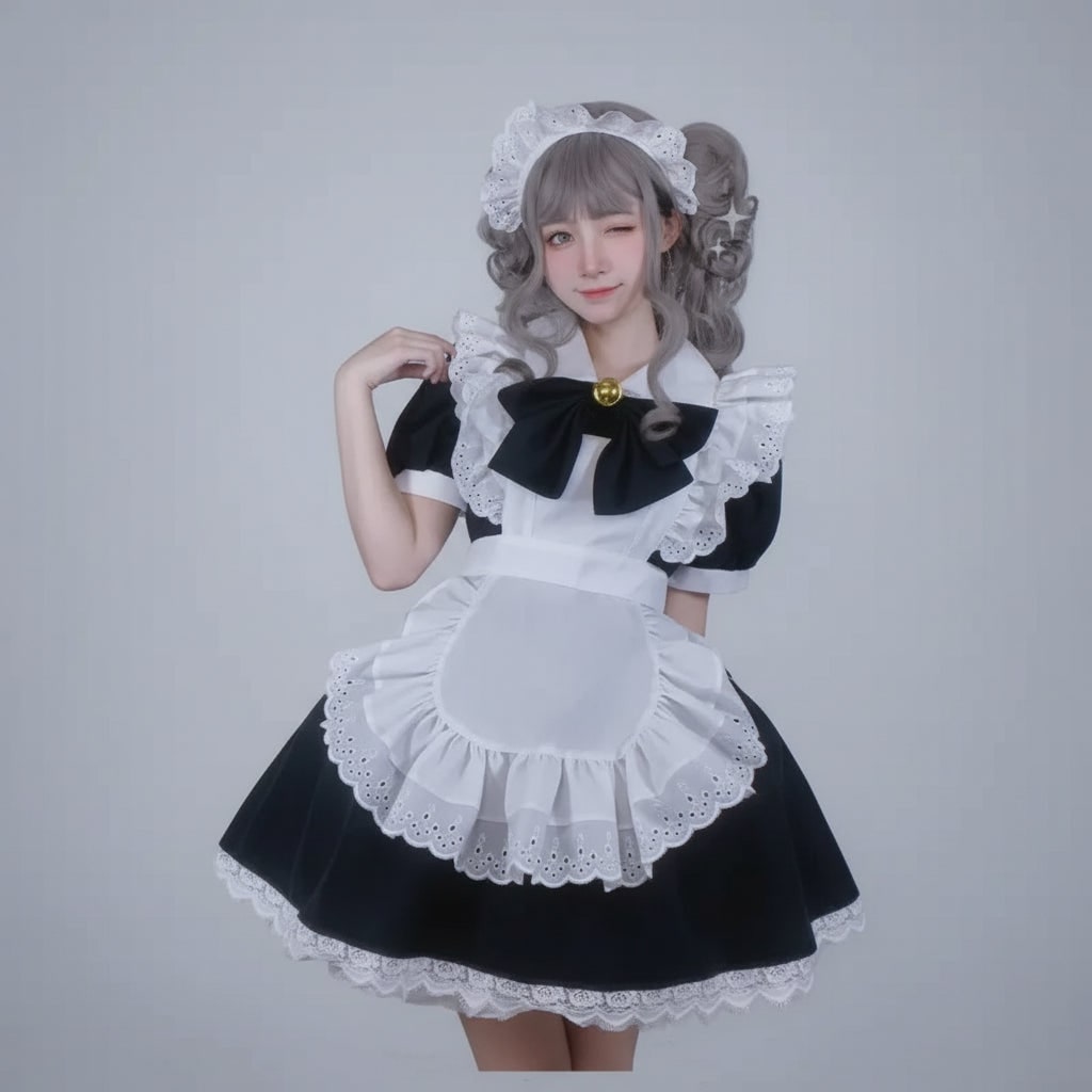 Womens Maid Costume Dress with Frilled Apron and Puff Sleeves in Six Colourways