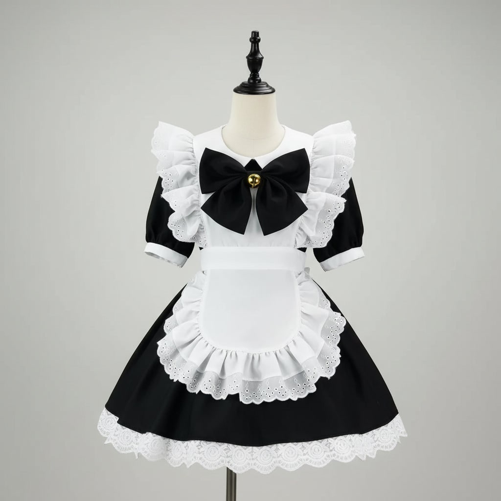 Womens Maid Costume Dress with Frilled Apron and Puff Sleeves in Six Colourways