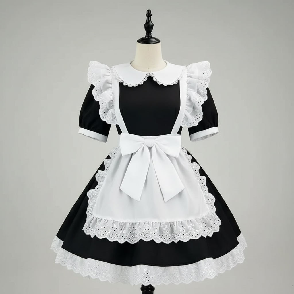 Womens Maid Costume Dress with Frilled Apron and Puff Sleeves in Six Colourways