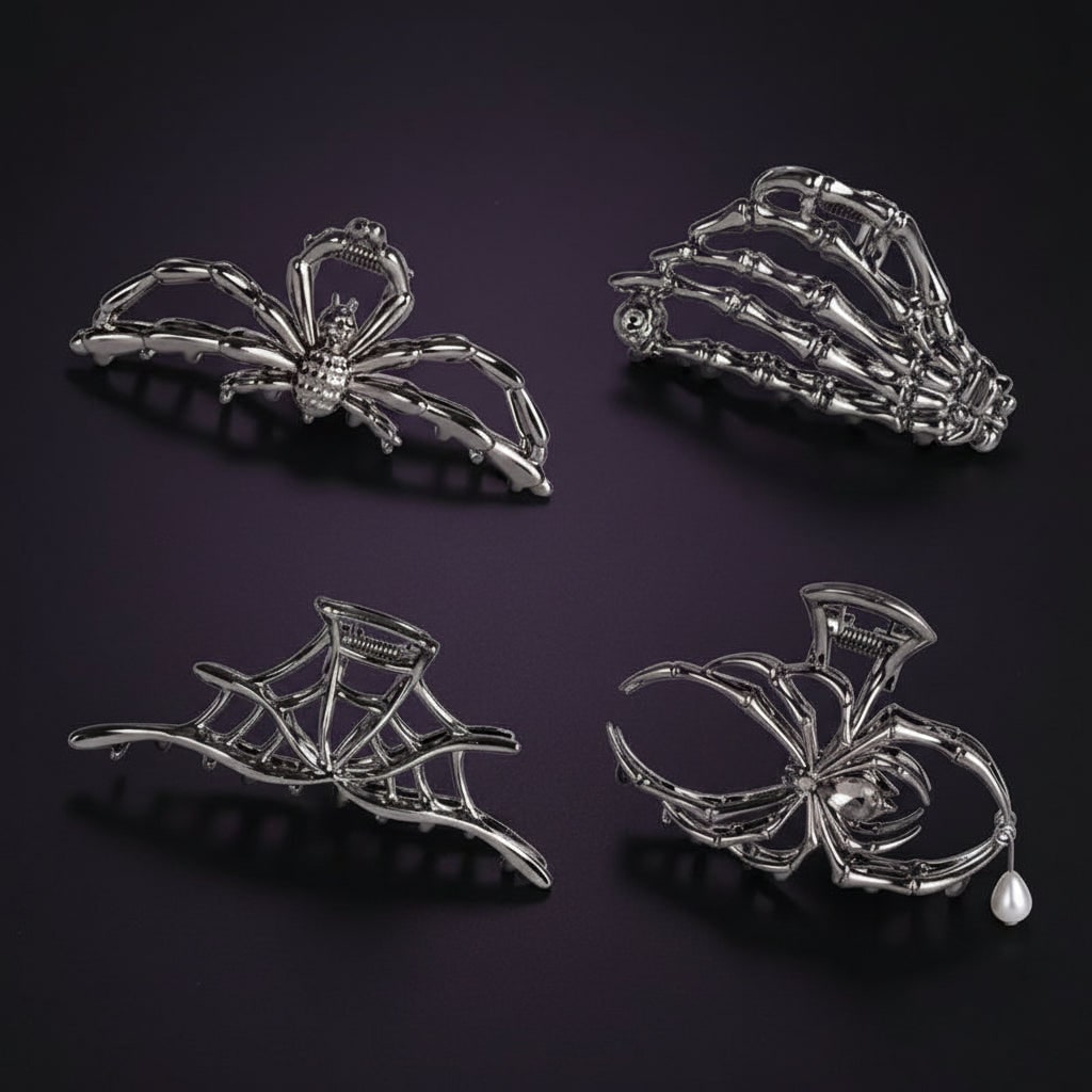 Halloween Hair Claw Clips with Skeleton Hand Bat Wing and Spiderweb Metal Design