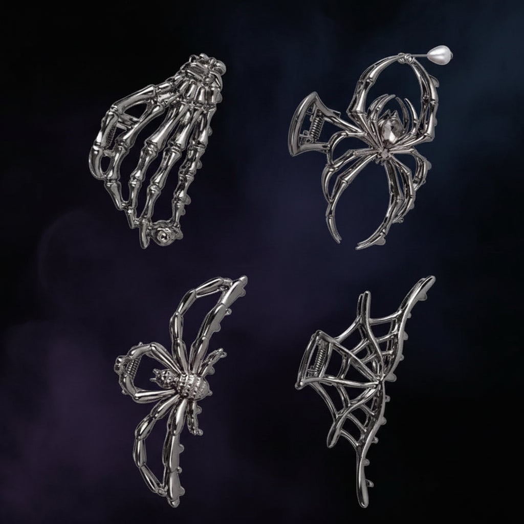 Halloween Hair Claw Clips with Skeleton Hand Bat Wing and Spiderweb Metal Design