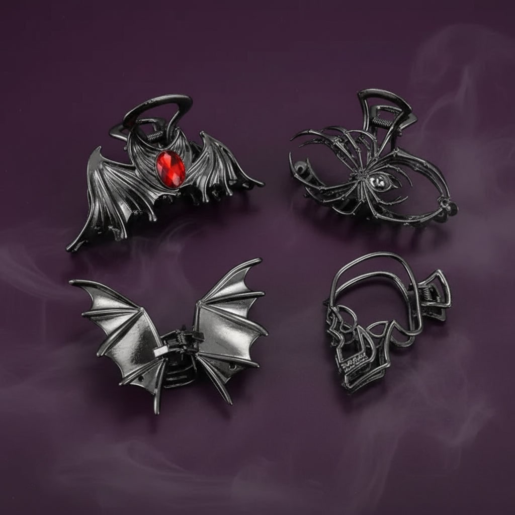 Halloween Hair Claw Clips with Skeleton Hand Bat Wing and Spiderweb Metal Design