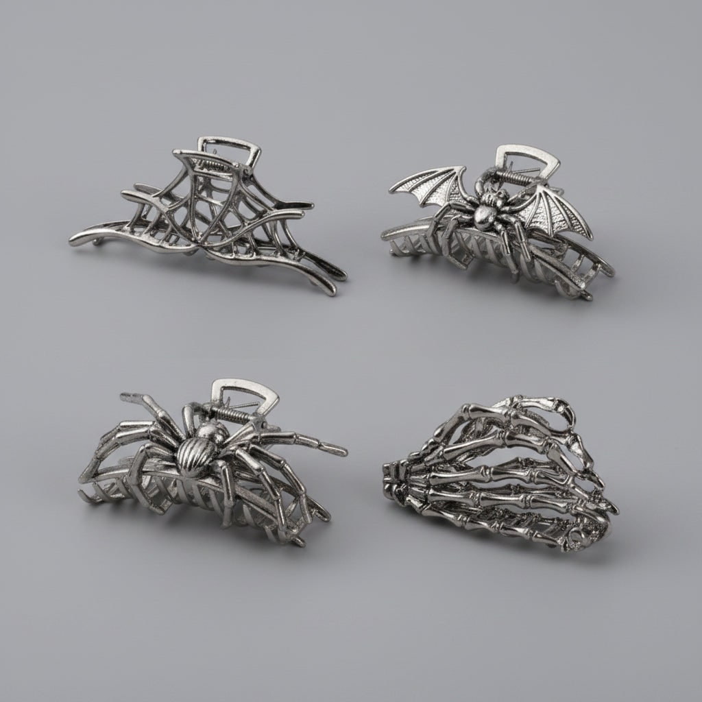 Halloween Hair Claw Clips with Skeleton Hand Bat Wing and Spiderweb Metal Design