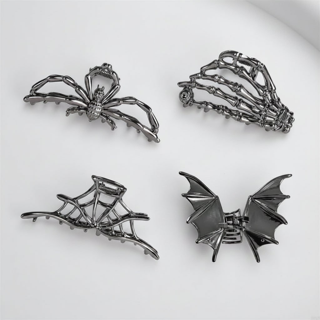 Halloween Hair Claw Clips with Skeleton Hand Bat Wing and Spiderweb Metal Design