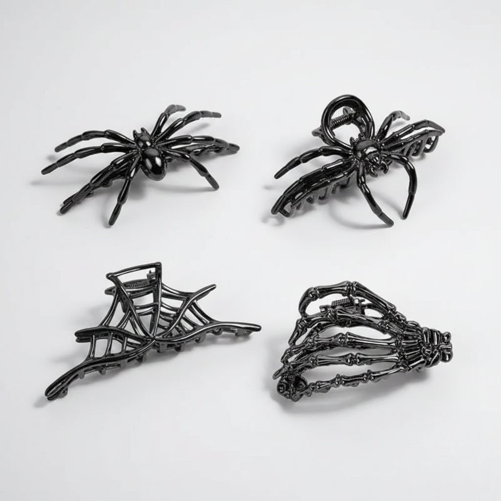 Halloween Hair Claw Clips with Skeleton Hand Bat Wing and Spiderweb Metal Design