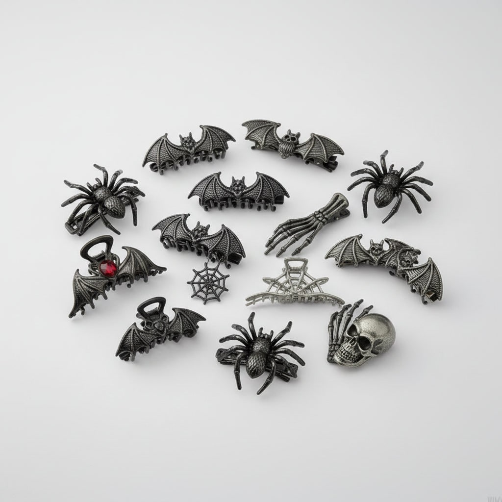 Halloween Hair Claw Clips with Skeleton Hand Bat Wing and Spiderweb Metal Design