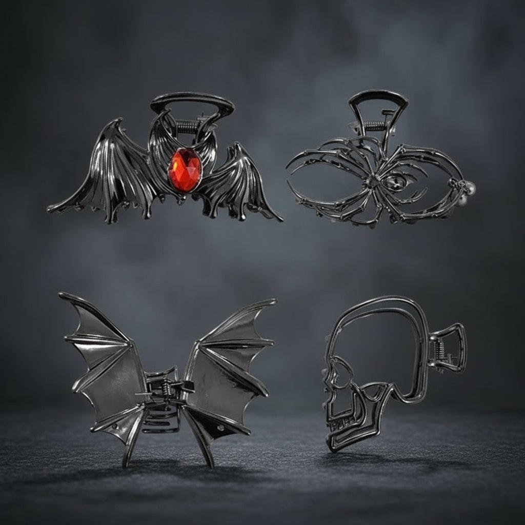Halloween Hair Claw Clips with Skeleton Hand Bat Wing and Spiderweb Metal Design